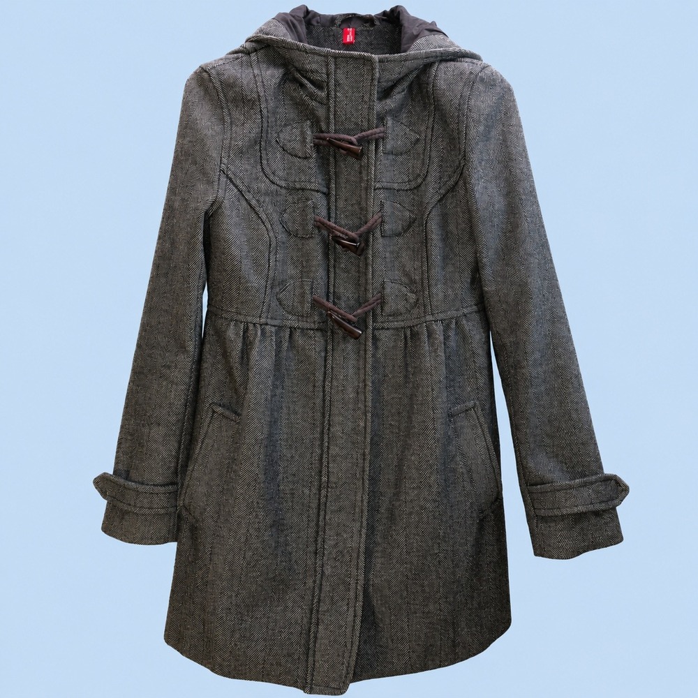 H&M Divided Girls's Size 8 Gray Herringbone Hooded Duffle Coat